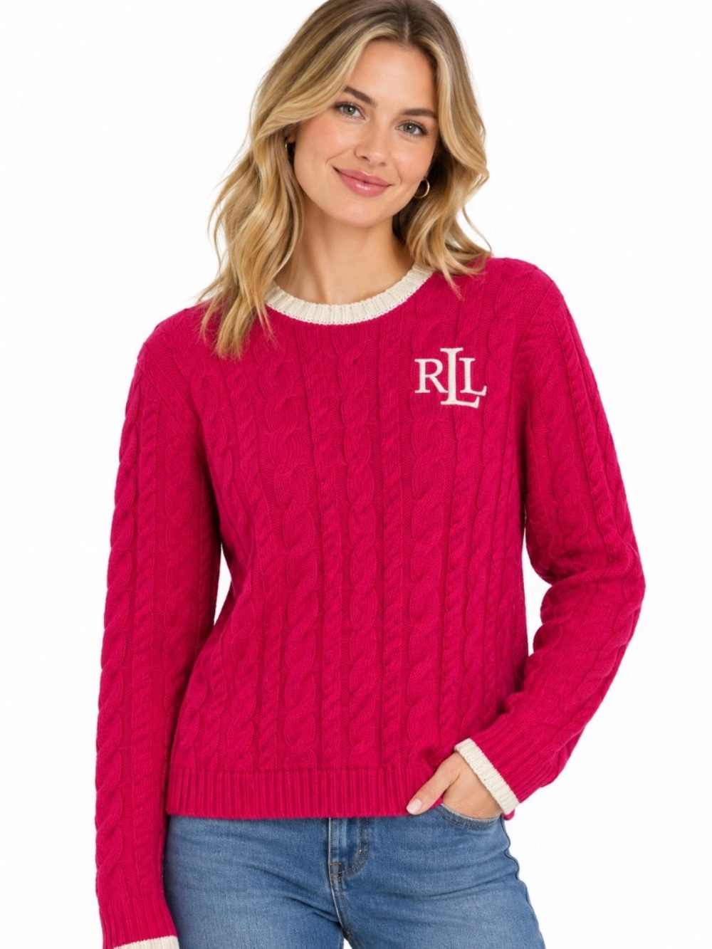 Lauren Ralph Lauren Bright Pink Cable-Knit Crew Sweater with White Trim